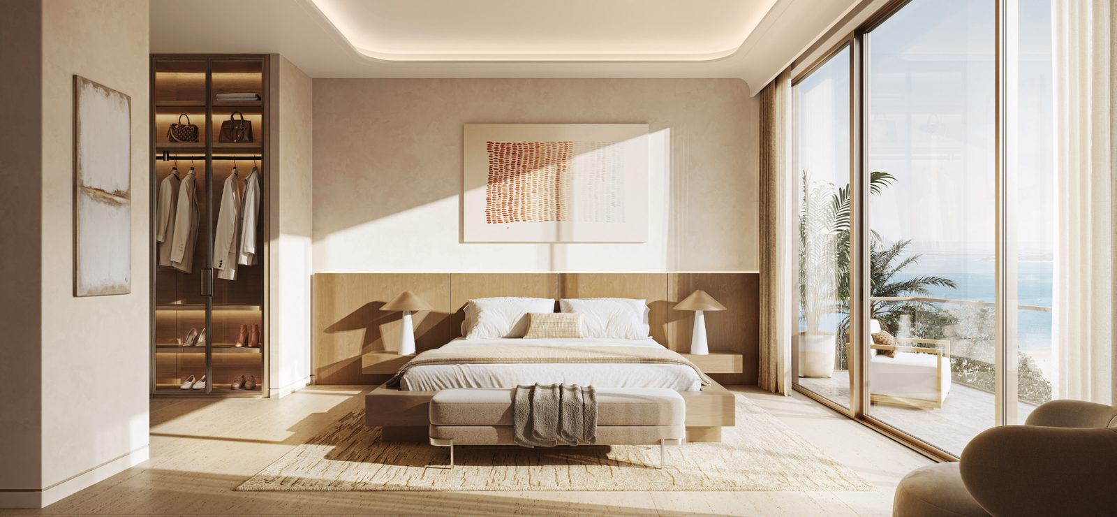 Elegantes Schlafzimmer mit Meerblick im Boutique-Development